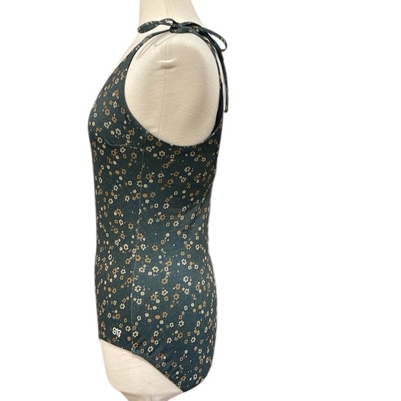 Albion The Flora One Piece Scoop Neck Tie Strap Swimsuit Blue Tan SZ L - Picture 5 of 7